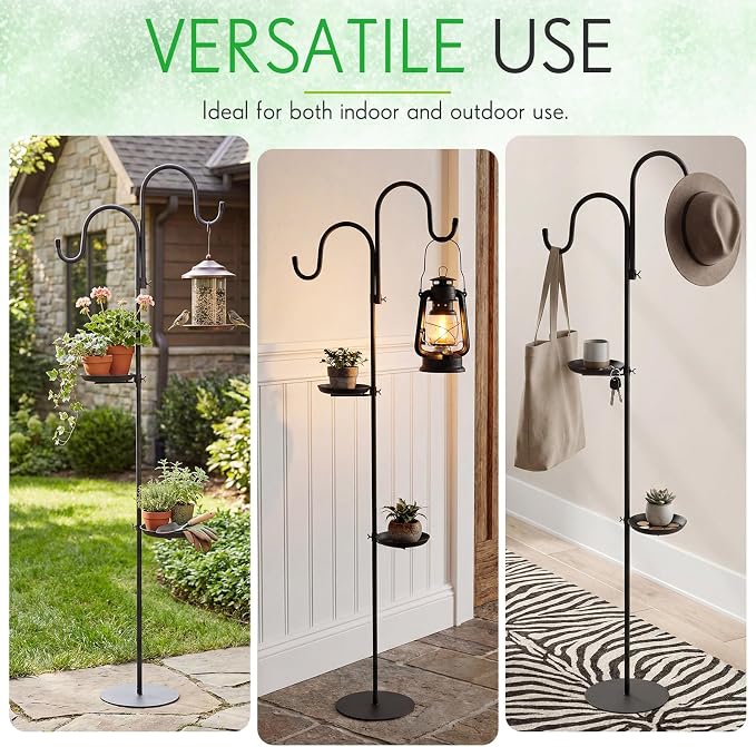 1 Set Upgraded 75.9" Shepherds Hook for Bird Feeder, Hanging Plant Wind Chime Stand, Metal Adjustable Standing Pole Holder for Indoor Outdoor, with 2 Rack & Weight Bag (Classic 2 Hooks)