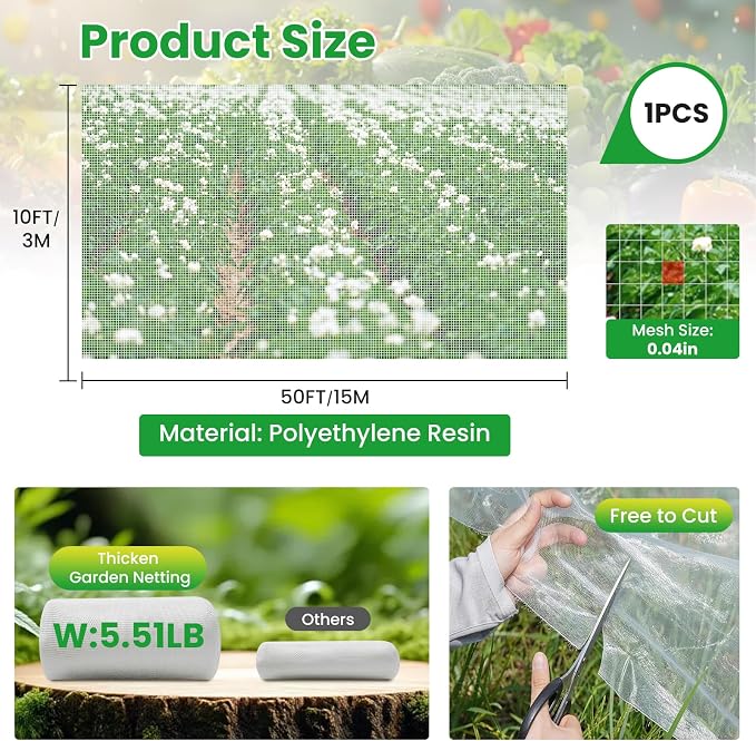 Garden Netting, 10x50Ft Thicken Ultra Fine Mesh Insect Netting, Garden Netting for Raised Beds, Greenhouse Row Cover Barrier for Birds Animals, Garden Mesh Netting for Vegetable Flowers Fruits