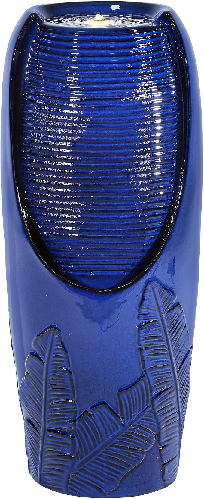 AUTODAYA 33" Tall Outdoor Garden Fountain with LED Lights, Modern Ceramic Jar Water Fountain, 3D Tropical Leaf Pattern, Cobalt Blue Glaze, Soothing Cascading Waterfall for Relaxing Patio, Yard, Porch