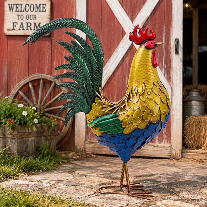 32" Oversized Metal Rooster Statue, Large Yard & Kitchen Decor | Durable Metal with Hand-Painted Finish, Farmhouse Rooster Chicken Decor for Yard, Garden, Patio