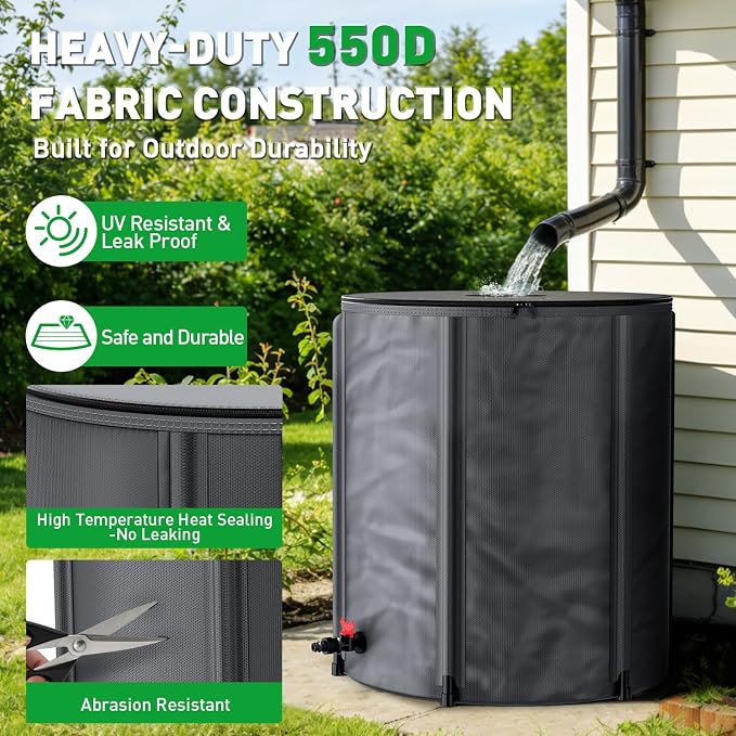 Yesker Collapsible Rain Barrel, 53 Gallon Portable Rainwater Collection System, 550D PVC Water Storage Tank, Rain Catcher with Spigots Filter Overflow Kit, Grey