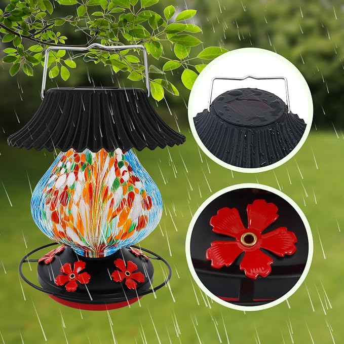 Solar Hummingbird Feeder-5 Feeding Ports with Perch, Hand Blown Glass Blue Spark Color Changing-Never Leak, Multicolor Night Lights – Perfect Hummingbird Feeder for Outdoors for Nature Enthusiasts