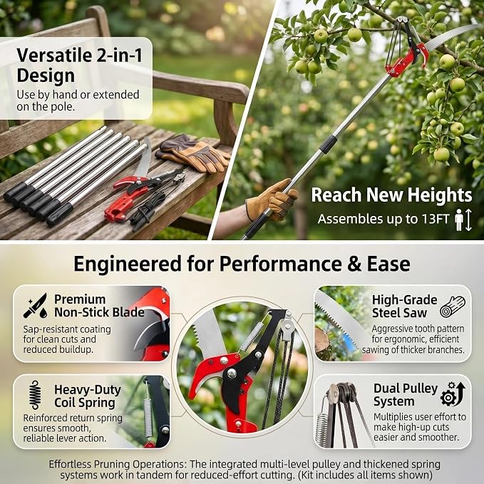 Manual Pole Saw for Tree Trimming, 13.7 Ft Extendable 2-in-1 Tree Pruner with Scissor and Steel Blade, Adjustable Long Handle Branch Cutter Pole Pruner and Pruning Saw for Yard Garden Patio