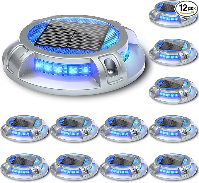 SIEDiNLAR Solar Driveway Lights Outdoor 4 Modes 40 LEDs Deck Driveway Markers Marine Dock Light Waterproof for Ground Walkway Pathway Step Garden Yard, Blue/White Dynamic Lighting (12 Pack)
