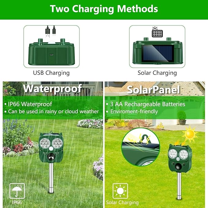 Solar Animal Repeller, Ultrasonic Repellent, Motion Detection, LED Flashing Light, Dog, Cat Repellent, Squirrel, Raccoon, Skunk, Rabbit, Rodent, Fox, Deer, etc. (Green)