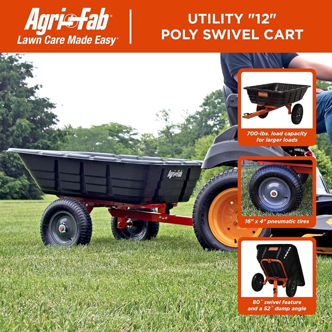 Agri-Fab Tow Behind Poly Dump Swivel Cart for Lawn Tractors and Mowers, 700 lb Capacity with Foot Dumping Mechanism