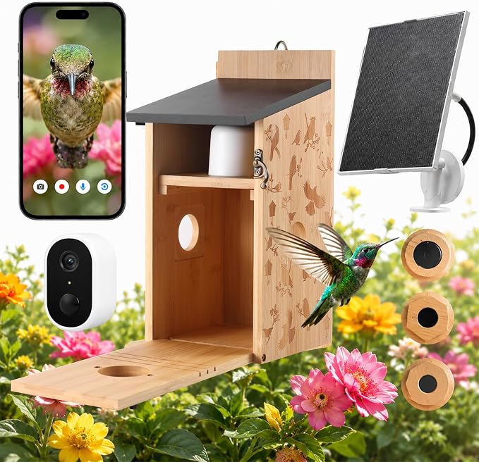 Smart Bird House with Camera – Bamboo Carving, AI Bird Recognition,IP66 Waterproof, Two-Way Audio, App Control,4MP Full-Color Night Vision,Solar-Powered,Cloud & SD Storage (Solar Birdhouse)
