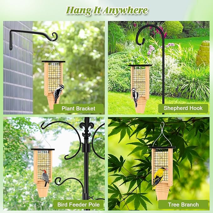 Gbekery Wooden Suet Bird Feeder for Outside Hanging, Large Woodpecker Suet Feeder with Tail Prop, Double Suet Cakes Hanging Bird Feeder for Wild Birds, 1 Pack, Black