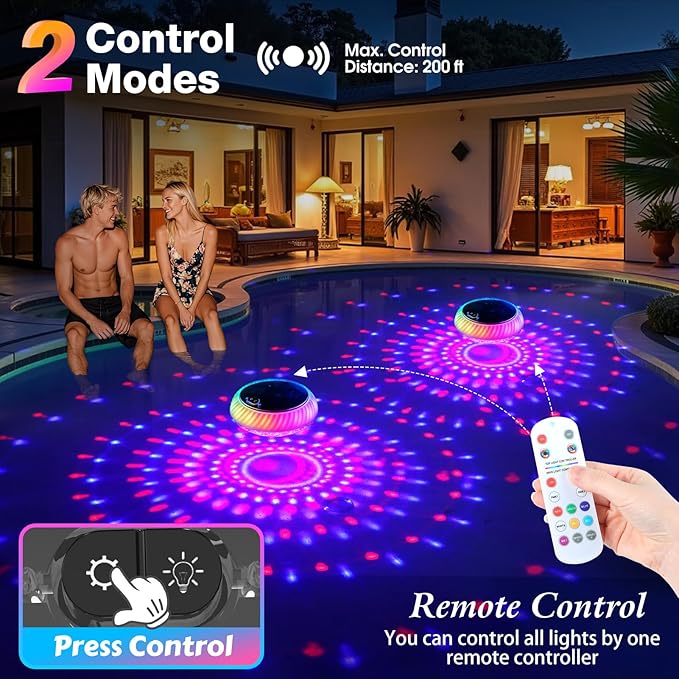 Goallim Floating Pool Lights Solar Powered, 7.6 Inch RGB Upper& Lower Color Changing Solar Pool Lights that Float with Dynamic Lighting Effects, IP68 Waterproof Swimming Pools Light for Party Decor(2)