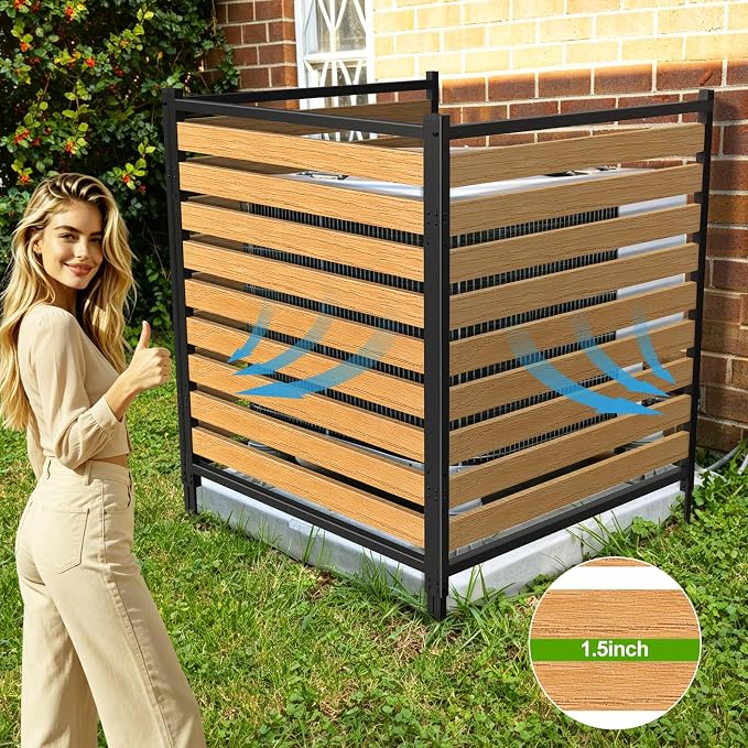 Metal Air Conditioner Fence 3 Panels - 40.27" W x 54.6" H Outdoor Privacy Screen, No Dig Wooden Privacy Screen for AC Unit, Trash Can, Pool Equipment, Yard Garden,Brown