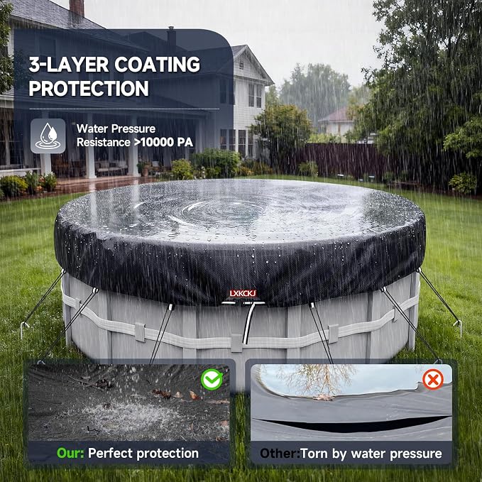 LXKCKJ 14 Ft Pool Cover for Above Ground Pool, Round 420D Solar Oxford Tarp | 100MPH Windproof with 2 Buckles and & Weight Rings, 634N Tear-Resistant, Waterproof 10000PA, UV Protection, Cuts Evaporation