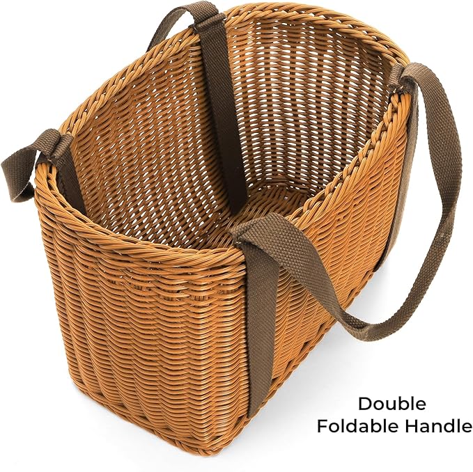 Wicker Shopping Basket with Handle, 12" x 8.5" x 6" Hand-Woven Picnic Basket, Open Top Market Harvest Basket for Food Storage, Kitchen Organization, Home Decor, Camping, Easter Eggs, Gifts