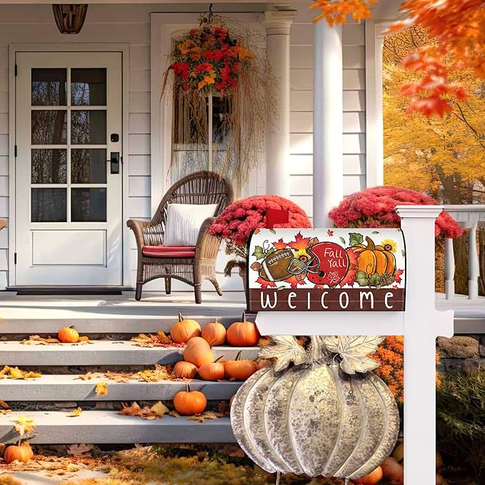 Fall Football Mailbox Covers Magnetic Fall Pumpkin Mailbox Cover Autumn Thanksgiving Post Letter Box Cover for Garden Yard Decor 21x18 Inch