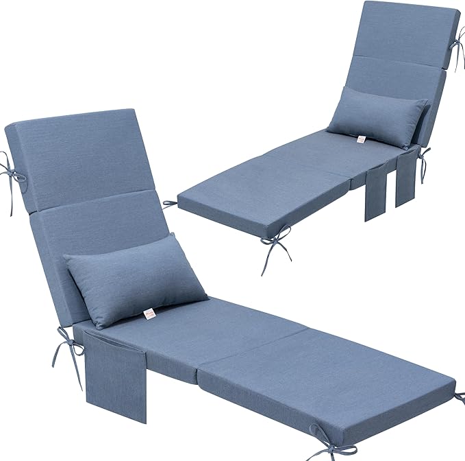 Crestlive Products Sunbrella Foldable Outdoor Chaise Lounge Cushions with Head Pillow and Side Pockets,Water Repellent & Fade Resistant Lounge Chair Cushion, 72''L x 21''W, Set of 2, Denim Blue