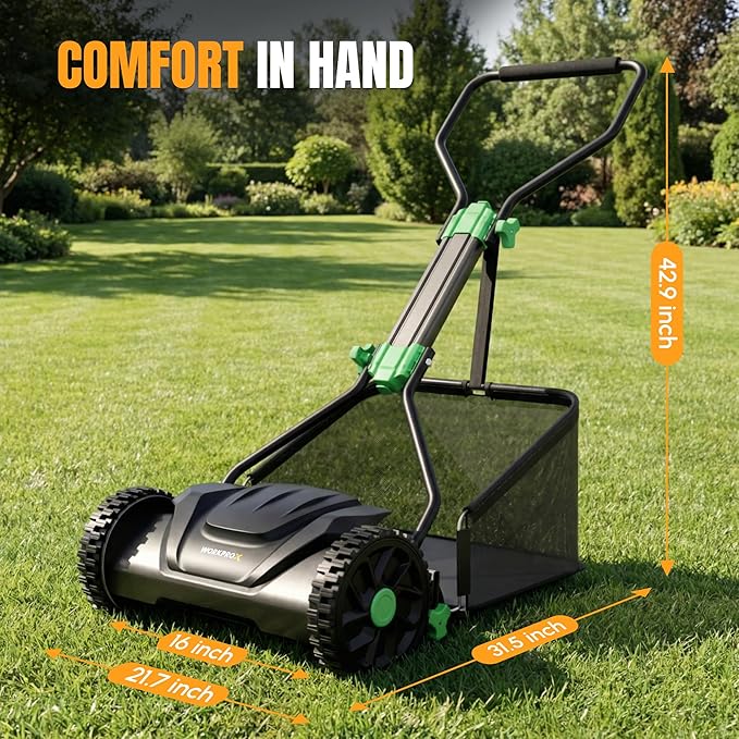 WORKPROX 16-Inch Push Reel Lawn Mower, Adjustable Height 5-Blade Reel Mower with Removable 8-Gallon Grass Catcher for Yards and Gardens, Black