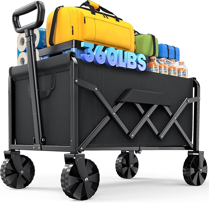 Kitsure Collapsible Wagon with Wheels, Foldable Dog Wagon Carts with 200lbs Load Capacity, Utility Shopping Cart, Black, 28.0" x 17.0" x 36.0"