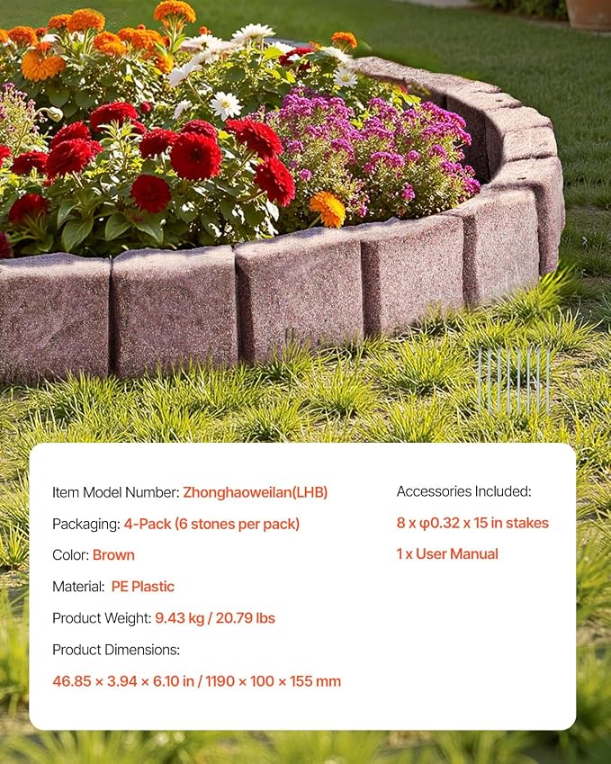 VEVOR Faux Stone Landscape Edging, 46.8" x 3.9" Realistic Lawn Edging with Anchoring Spikes, Flexible Brick-Sized Garden Border, Fade-Resistant Yard Garden Stone Border for Driveways Walkway, Brown