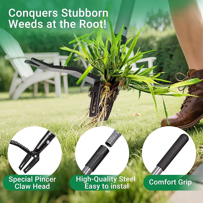 Suchtale Metal Weeder，Stand Up Weed Puller Tool with Long Handle – Heavy-Duty All-Metal Weeder with Upgraded Pincer Claw – Pull Weeds from the Root Without Bending, Pulling, or Kneeling