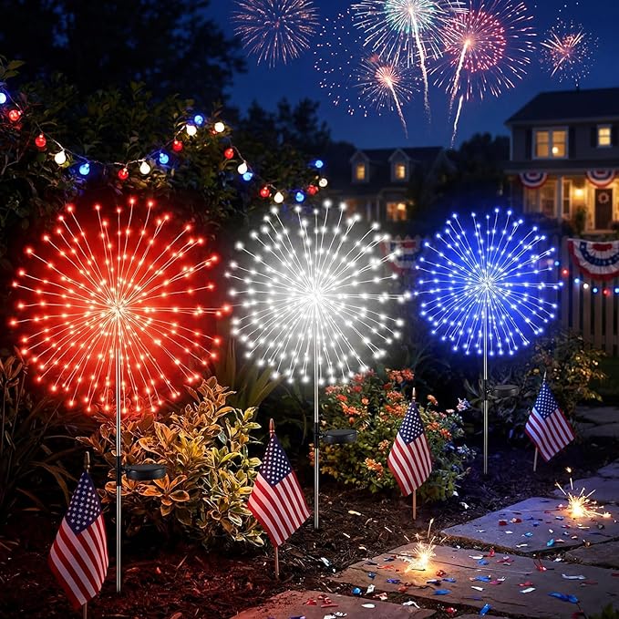 Tujoe 9 Pcs 4th of July Solar Firework Lights Patriotic Solar Light Outdoor Garden 120 LED 8 Modes Waterproof LED Sparkler Light for 250th Anniversary Patio Yard Pathway Walkway (Red,White,Blue)