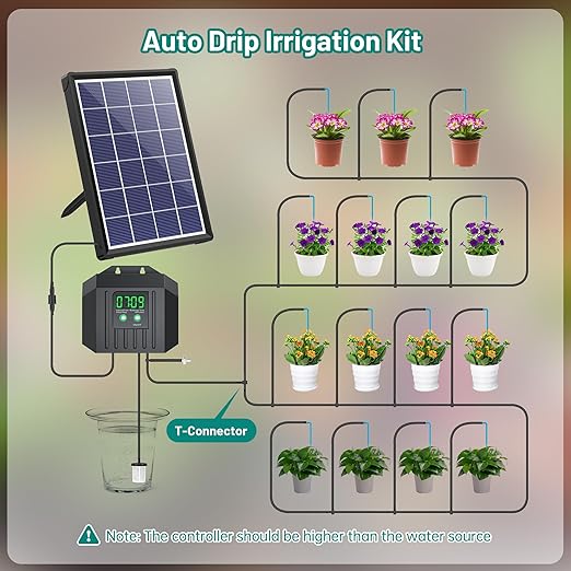 Biling 4W Solar Drip Irrigation System Kit, Digital Programmable Automatic Water Timer with 2200mAh Battery, Water-Saving Garden Watering System for 15-20 Potted Plants Outdoor/Indoor