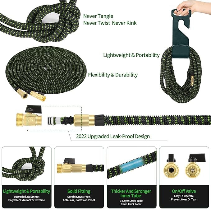 Expandable Garden Hose - 50 ft Expanding Water Garden Hoses, No Kink Lightweight Flexible Hose with 3/4" Solid Fittings and 4-Layer Latex Cores - 50ft Retractable Stretch Car Washing Pipes