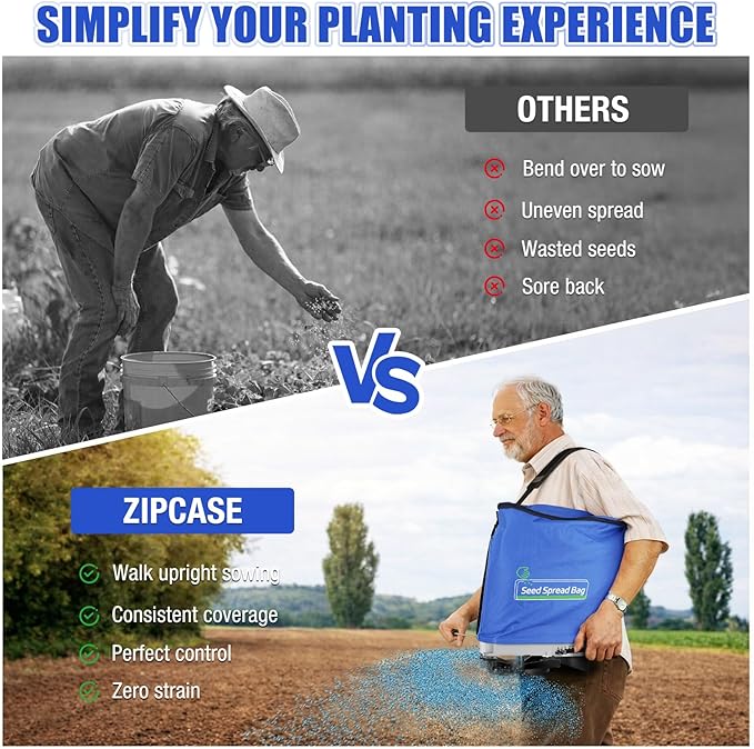 Zipcase 25lb Bag Seed Spreader with Waterproof Bag, Rare Baffle and Accurate Gears, Handheld Grass Seed Spreaders for Lawns, Blue