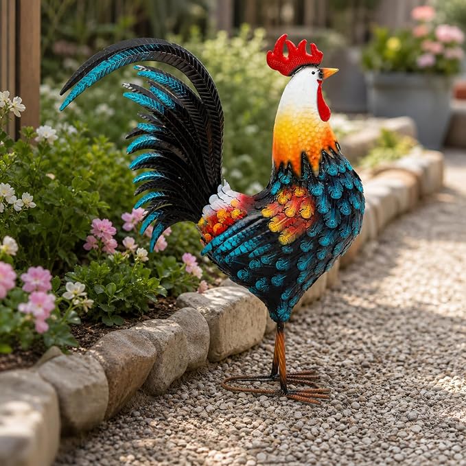 32" Metal Rooster Yard Decor, Large Outdoor Garden Statue | Outdoor Chicken Sculpture, 3D Hand-Painted, Rustic Farmhouse Style, Weather Resistant Iron, Backyard Patio Lawn Garden
