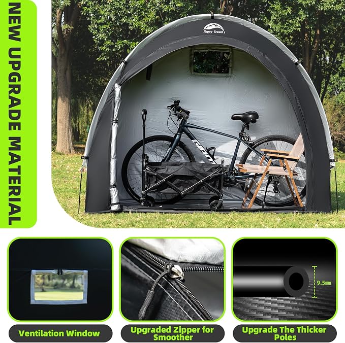 Happy Travel Bike Storage Tent Shed, Outdoor Waterproof Bicycle Covers Shelter with Window for 2/3/4/6/8 Bikes,Oversized Outside Portable Sheds for Lawn Mower,Garden Tools