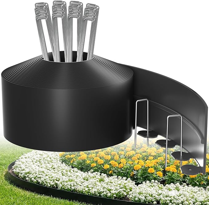 Bluepro Garden Edging Border, 4 Inch 66 ft No Dig Landscape Edging Border with 100 Steel Stakes (Strong) & Reinforced Design - Tall Plastic Lawn Barrier for Flower Beds, Walkways & Yard