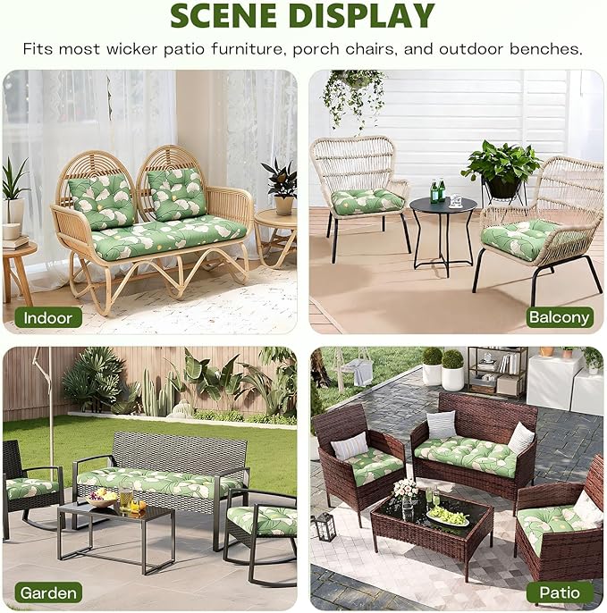 Wicker Chair Cushions Set, 2 U-Shaped Cushions & 1 Loveseat, Waterproof Outdoor Loveseat Cushion for Patio Furniture, Settee Bench Pad All Weather,Ginkgo
