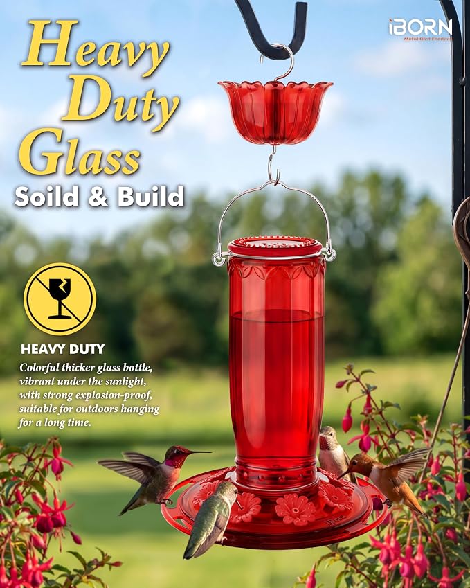 iBorn Hummingbird Feeders for Outdoors Hanging with Ant Moat for Hummingbird Feeder Glass 8 Ports for 16oz Humming Bird Nectar, Red Flowers Red Glass, Pack of 1
