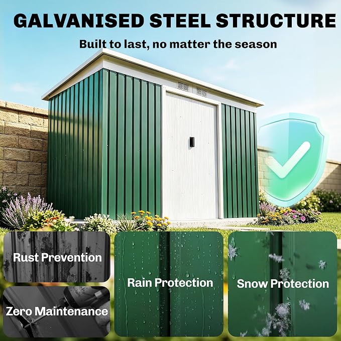 Outsunny 9' x 4' Outdoor Storage Shed, Metal Garden Tool House with Sloping Roof and Lockable Door for Backyard, Bike, Patio, Garage, Lawn, Green