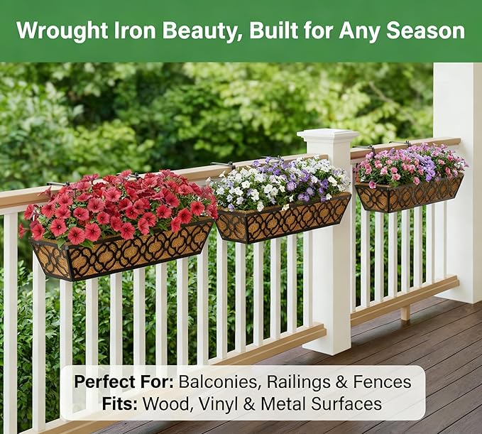 Y&M Window Boxes Horse Trough with Coconut Coir Liner, 24 Inch Window Deck with Coco Liner, Fence Metal Hanging Flower Planter Window Basket Deck Railing Planter Boxes (Flower 24in 2P)