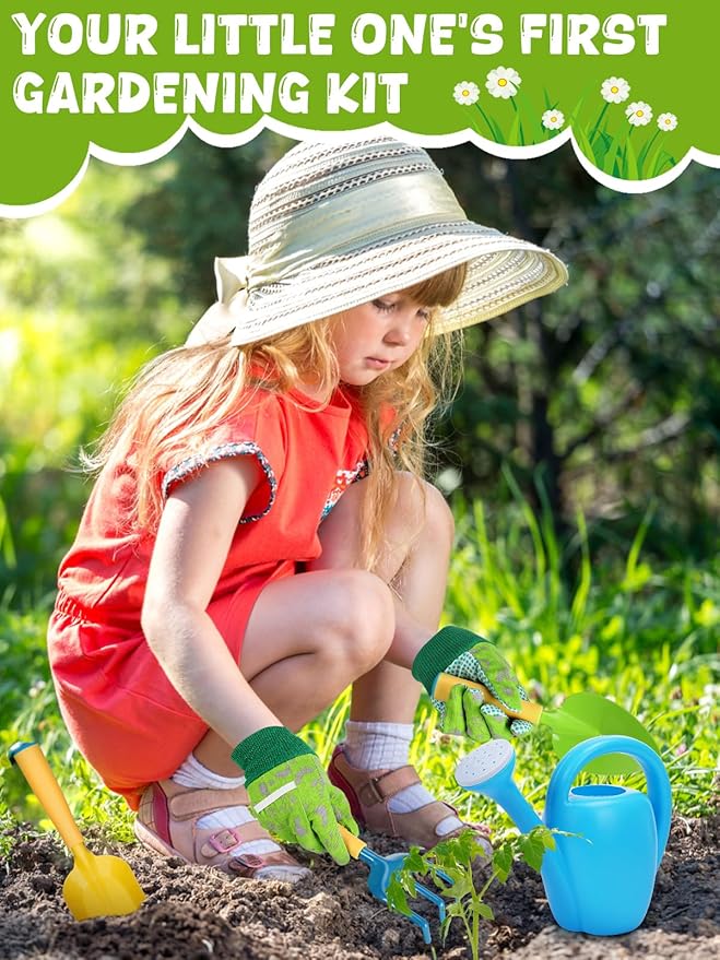 Biubee Toddler Gardening Tools Set - Sturdy Kids Watering Can Toy, Child Gardening Set with Metal Shovel Hand Rake Kids Gloves, Garden Toys for Baby Outdoor Beach Sand Toy Gift, Blue