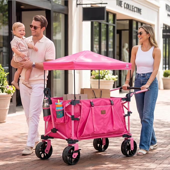 EVER ADVANCED Folding Push Wagon with Canopy, Portable Shopping Cart with Brakes, Collapsible Wagon Cart with All-Terrain Big Wheels for Camping, Beach, Sports