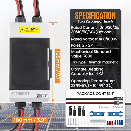 Solar Panels Disconnect Switch 10A 400VDC PV Shut Off Switch Outdoor 2 String Circuit Breaker Box IP66 Waterproof UV-Proof