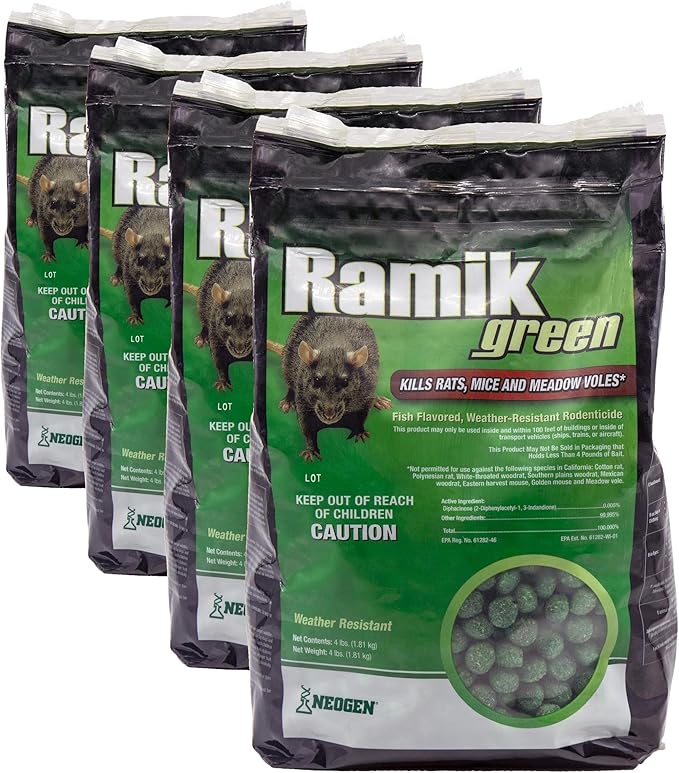 Neogen Ramik Green Fish Flavored Weather Resistant Rodenticide Nuggets,4 lb Bag (00615),(Pack of 4)