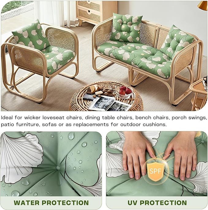 Wicker Chair Cushions Set, 2 U-Shaped Cushions & 1 Loveseat, Waterproof Outdoor Loveseat Cushion for Patio Furniture, Settee Bench Pad All Weather,Ginkgo