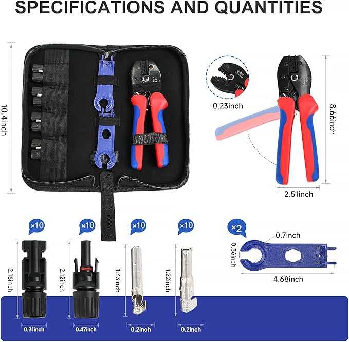 Solar Crimping Tool Kit for Solar Panel Cable Connectors 14-10AWG,mc4 connector kit Includes 10 Pairs 1000V 30A Connector, 2 PCS Spanner Wrench and Solar Crimper Tool for 2.5/4/6mm² PV Cable