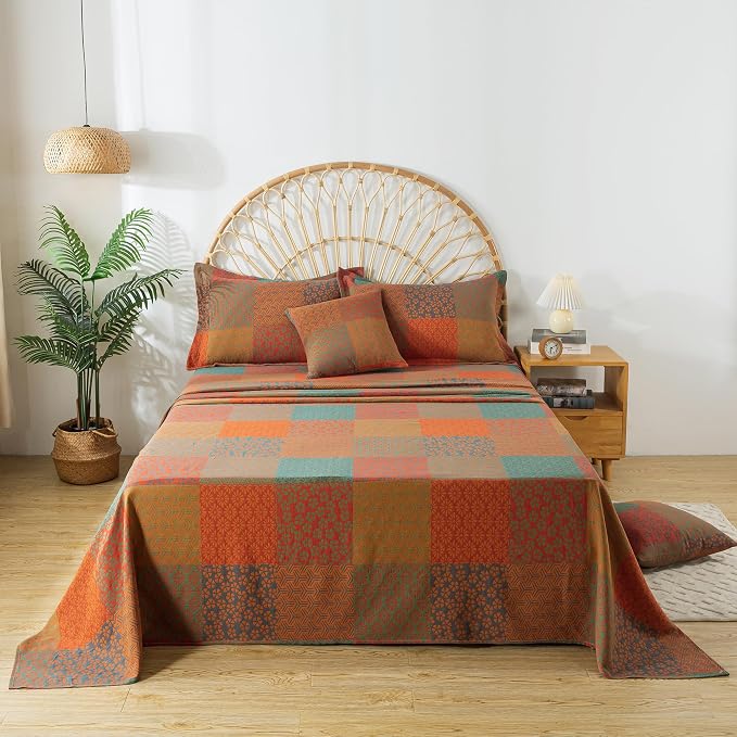 FADFAY Grid Sheets Set King Vintage Checkered Floral Bedding Shabby Geometry Farmhouse Bedding Super Soft Washed Double -Layer Muslin Sheets 100% Cotton Deep Pocket Fitted Sheet 4Pcs, King Size