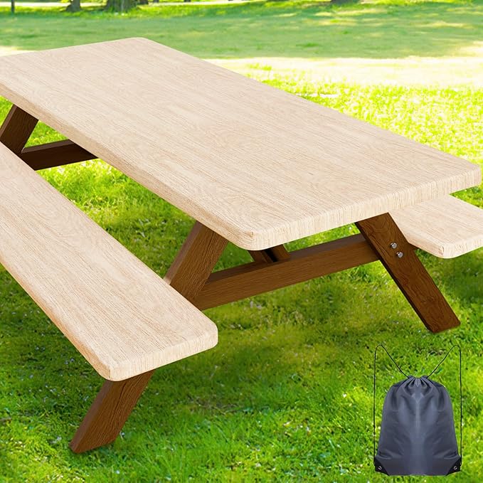 Smiry Picnic Table Cover with Bench Covers, Waterproof Elastic Fitted Tablecloth for 6 Foot Tables, Washable Polyester Tablecloths for Camping, Indoor & Outdoor (Ivory, 30x72 Inch 3-pc Set)