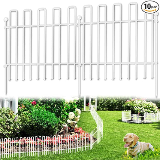 10 Panels No Dig Animal Barrier Fence, 13in(H) x 14ft(L) Garden Edging Border Fencing, Rustproof Metal Decorative Garden Fence, Dog Digging Defense Fencing Barrier for Outdoor, Yard, Patio, White
