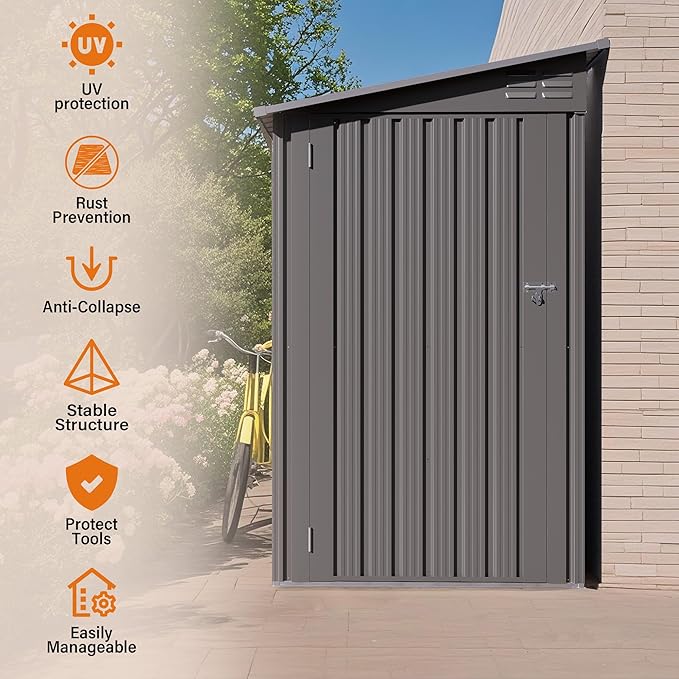 YOPTO 4x9 FT Outdoor Storage Shed,Lean to Metal Shed W/Window,All Weather Waterproof Garden Storage Shed W/ 6 Air Vents & 1 Lockable Door,Weatherproof Tool House W/Sloped Roof,for Lawn,Gray