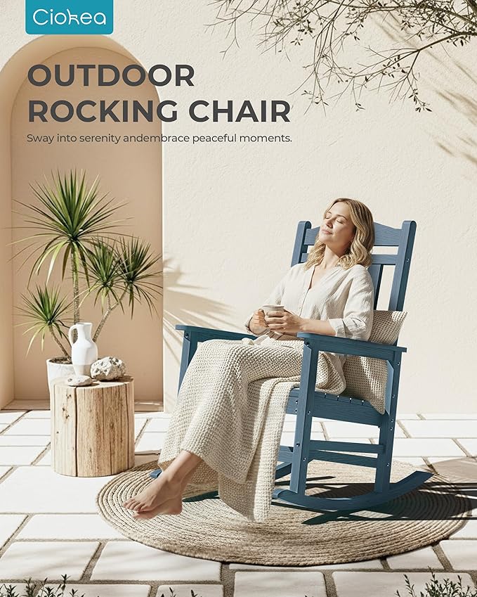 Ciokea Oversized Outdoor Rocking Chair, 380lbs Heavy-Duty Large Patio Rocker, Weather Resistant & Anti-Fade Porch Chair, High Back Cozy Rocking Chair for Outside, Fire Pit, Deck, Garden, Slate Blue