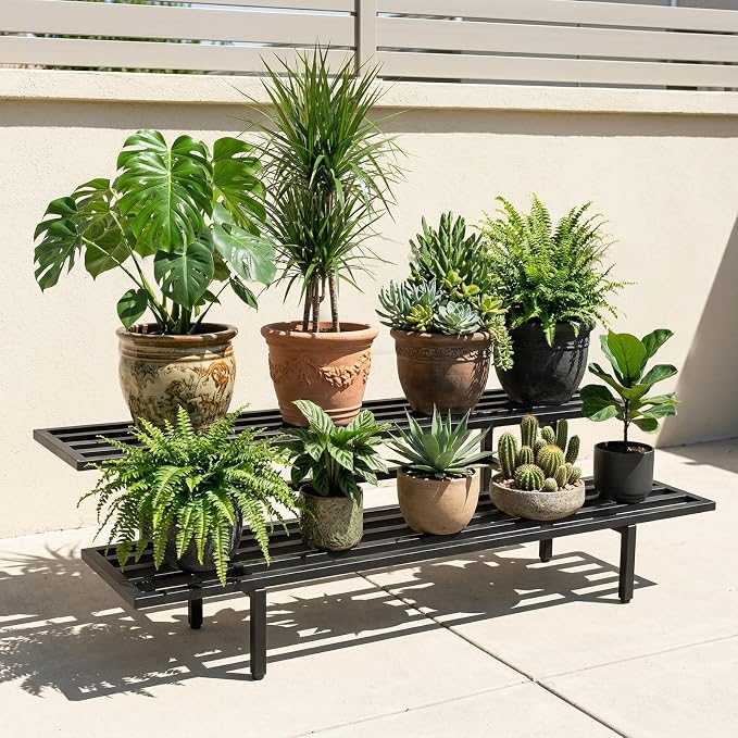Heavy Duty Plant Stand Outdoor Indoor, Large Metal Plant Stand 48" L x 10" W x 12" H Outdoor Plant Stands 2-Tier Flower Pot Stand 500 LBS Capacity for Patio Garden