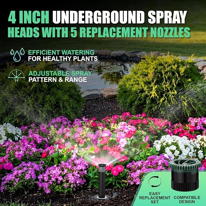 8 Pack Pop up Sprinkler Heads Compatible with 1800 Series, 4 Inch Underground Spray Head with 5 Replacement Nozzles, 0-360° Adjustable Sprinkler Head for Lawn Yard Garden Planter Bed