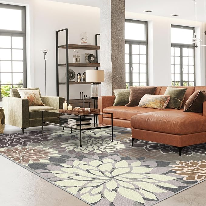 8x10 Outdoor Area Rug Washable Multicolored Patio Rug Tropical Botanical Floral Chenille Waterproof Outdoor Carpet Non-Slip for Deck, Backyard, Porch, Taupe