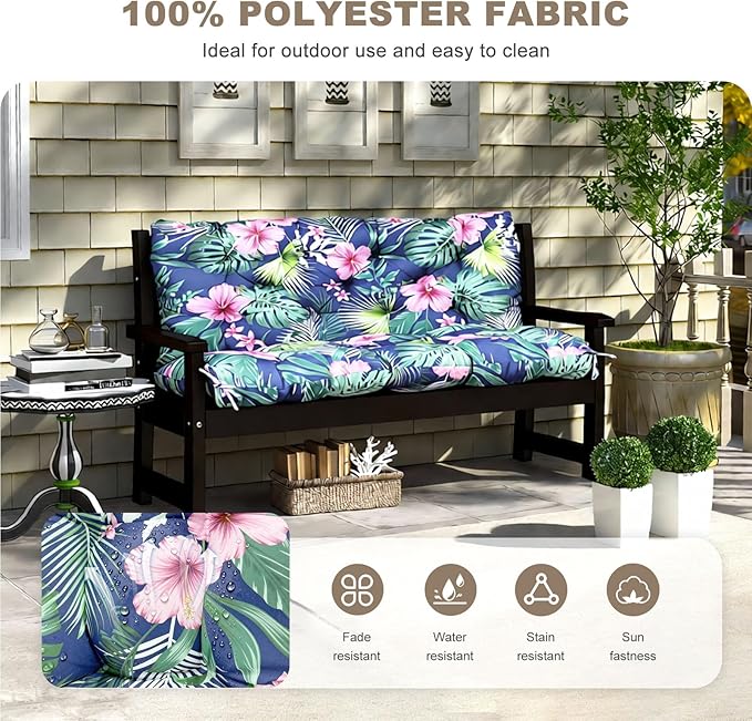 Porch Swing Cushion with Backrest,Waterproof Bench Cushion for Outdoor Furniture,2-3 Seater Replacement Thickened Swing Cushion with Ties,Patio,Outdoor,Backyard and Garden (Tropical Floral,47x40")