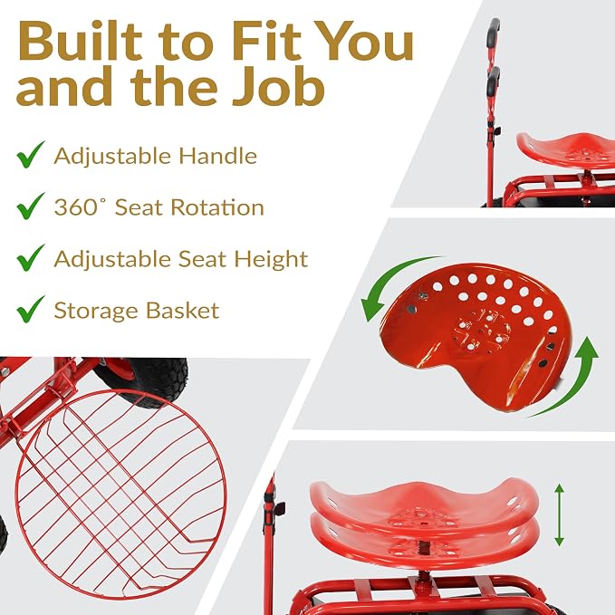 Sunnydaze Garden Cart with Wheels - Garden Stool on Wheels - Rolling Gardening Seat with Extendable Handle - Swivel Seat - Red