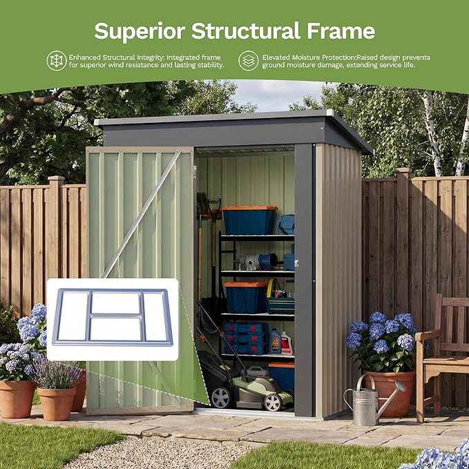 Greesum 5x3FT Outdoor Storage Shed with Base, Utility Tool Shed with Sloping Roof, Metal Storaged Garden Shed with Door & Lock for Patio Storage, Brown